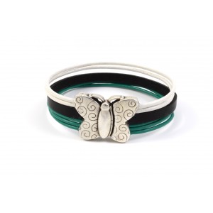 BUTTERFLY BRACELET LEATHER BLACK WHITE AND TURQUOISE